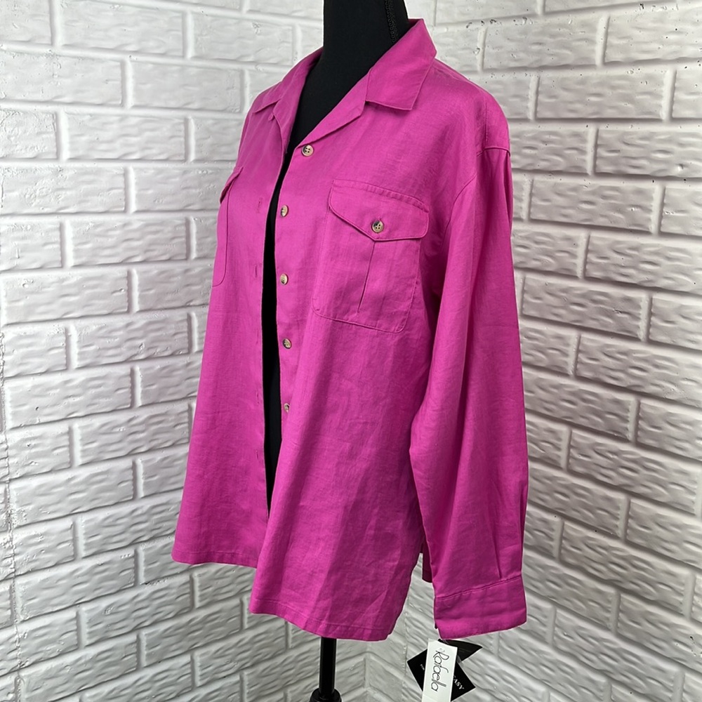RAFAELLA 100% Linen Hot Pink Button Down Blouse size medium NWT - Picture 3 of 16
